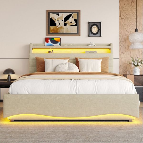 TavilaEcon Boxspringbett Polsterbett mit LED-Beleuchtung und Hydraulikmechanismus (1-St), mit USB- und Typ-C-Anschlüssen, 140×200cm, beige