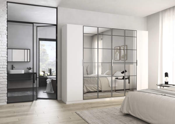 rauch Acero, Kleiderschrank, Garderobenschrank in moderner Loft-Optik, 6-türig, 4 Glastüren, mit 3 Kleiderstangen und 3 Einlegeböden, Farbe Weiß, BxHxT 271x210x54cm