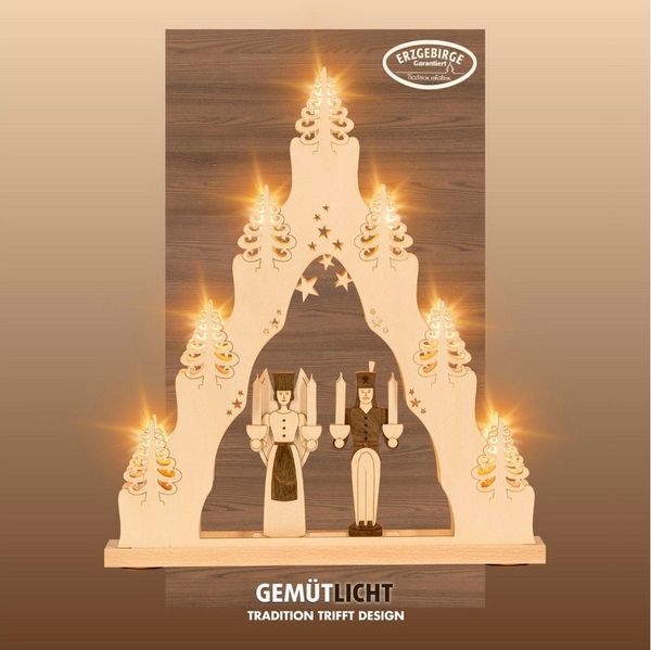 Weigla Schwibbogen Engel & Bergmann, Lichterspitze aus Holz, NATUR-BRAUN, Made in Germany, Erzgebirge garantiert, Weihnachtsdeko Innen, Weihnachtsbeleuchtung