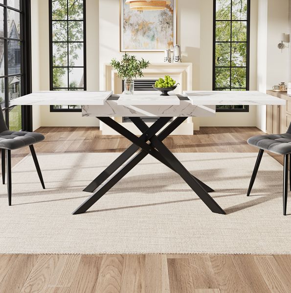 Esstisch ausziehbar 120–160x80x76,5 cm, moderner Tisch mit Marmoroptik-Platte, stabilem Metallkreuzgestell für 6–8 Personen, 76.5cmx120-160cmx80cm, Weiß+Schwarz