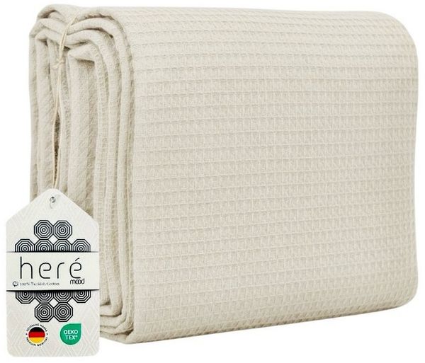 herémood Tagesdecke aus 100% Baumwolle – Elegante Waffelpique Wohndecke 180x220 cm, weiche, Kuscheldecke für Sofa & Bett, atmungsaktiv & pflegeleicht – BEIGE