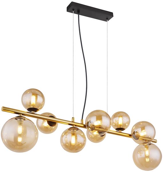 LED Hängeleuchte, Glaskugel, 9-Flammig, amberfarben, golden