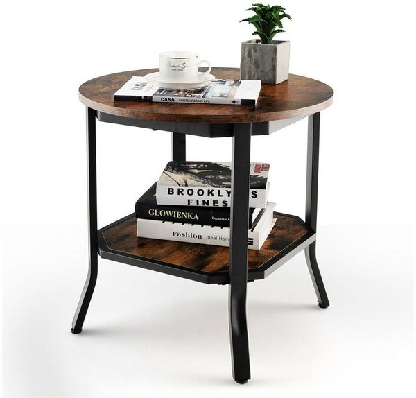 COSTWAY Beistelltisch, Rund, Nachttisch mit 2 Ablagen & Stahlgestell, 50x50x61cm