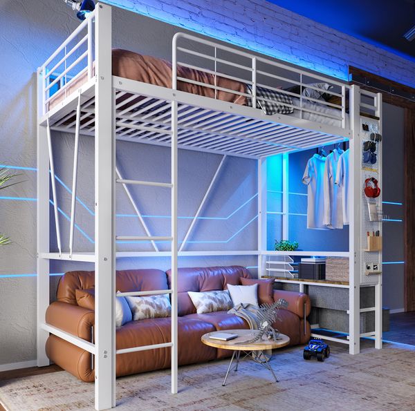 Bett 90x200 cm Hochbett mit Stauraum, LED-Beleuchtung und USB- und Type-C-Anschlüssen