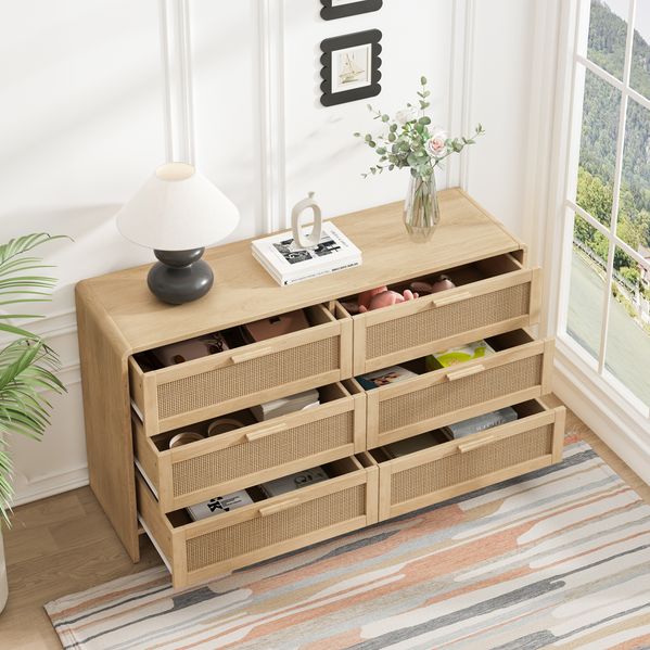 Kommode 130 cm mit 6 Schubladen, Rattanfronten und abgerundeten Ecken in Natur