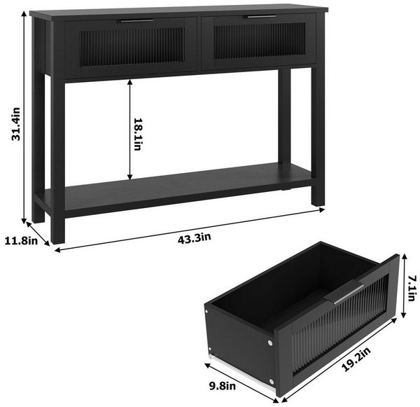 GarveeMore Konsolentisch Holz Konsole Tisch mit 2 Glasschubladen 2-Ebene Sofa Beistelltisch
