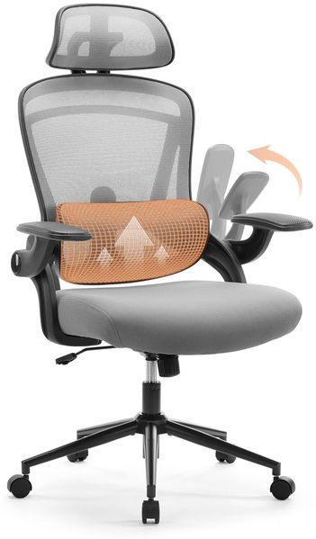 Sweetcrispy Ergonomischer Bürostuhl, Schreibtischstuhl Ergonomisch, Atmungsaktiver Netzstuhl mit Verstellbarer Kopfstütze, Armlehnen, Höhenverstellbarer Lendenwirbelstütze, für Homeoffice, Grau