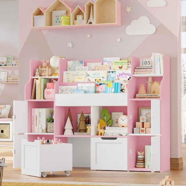 Homfa Kinderregal Spielzeugtruhe mit 2 Schubladen auf Rollen Bücherregal, Kinderbücherregal Spiegelregal mit Tür 126x104x30 cm weiß