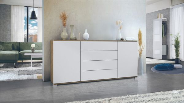 Vladon Sideboard Santo V2 (Anrichte, mit 2 Türen und 4 Schubladen), Eiche Evoke/Weiß matt (166,5 x 75,5 x 35 cm)