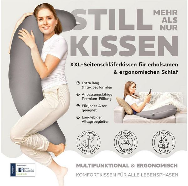SEI Design Stillkissen Stillkissen XXL Mikroperlen Seitenschläferkissen 190x30 cm Ergonomisch, Schwangerschaftskissen mit Bezug, Schwangerschaftskissen mit Bezug, pflegeleicht