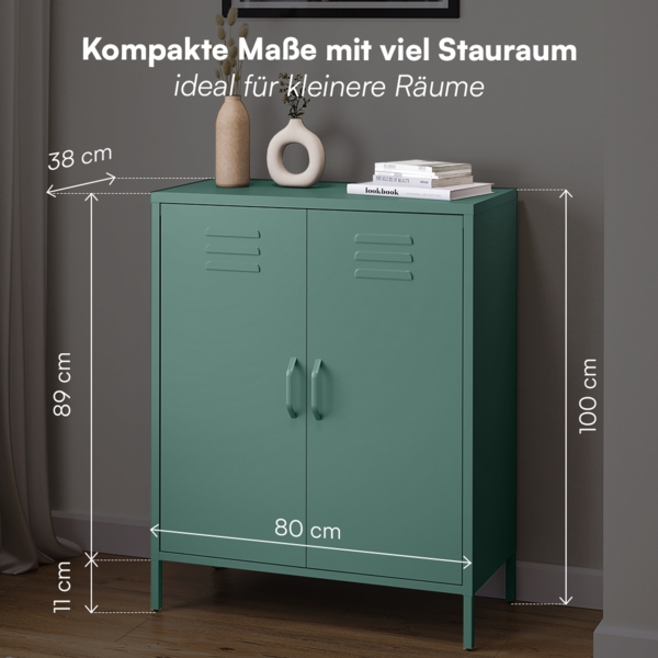 skølm 'Atria' Metallkommode, dunkelgrün, 100x38x80 cm, Metallschrank mit 3 Fächern Bild 6