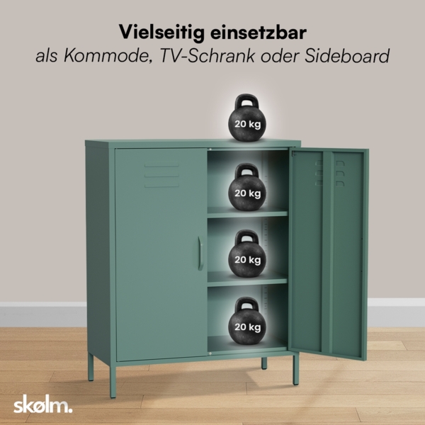skølm 'Atria' Metallkommode, dunkelgrün, 100x38x80 cm, Metallschrank mit 3 Fächern Bild 5