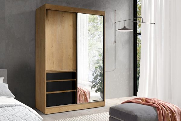 Deine Möbel 24 Schwebetürenschrank HAITI 140 180 cm Weiß Matt Eiche Schwarz Kleiderschrank mit Spiegel (Set, 3-St, Flur Garderobe Schlafzimmer) Schiebetürenschrank Garderobenschrank 2-türig 3-türig