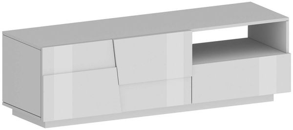 Dmora TV-Ständer Cecia, niedriges Wohnzimmer-Kommode mit 2 Türen und 1 Schublade, TV-Ständer-Basis, 150x44x46 cm, glänzendes Weiß