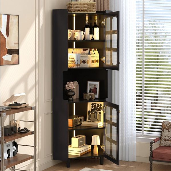 Flieks Badkommode Eckschrank mit LED-Beleuchtung und Glastüren (1 St, 63,5x45x157,5 cm), Hochschrank Mehrzweckschrank Eckkommode mit 5 Fächern Schwarz