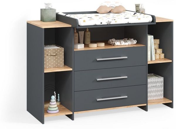 Livinity Wickelkommode Torino, Anthrazit/Goldkraft Eiche, mit 3 Schubladen