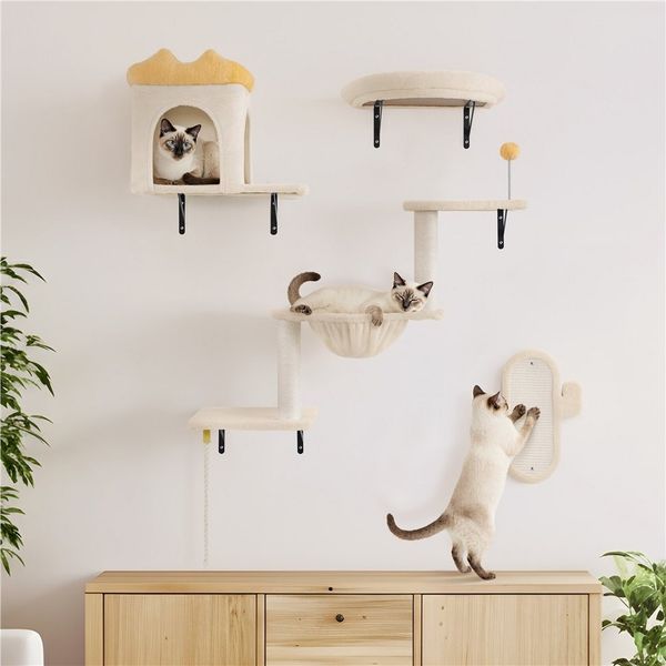 Yaheetech Katzen-Kletterwand Katzenmöbel-Set 4 teilig, mit Katzenhöhle & Katzenliege & Plattformen & Katzenkorb