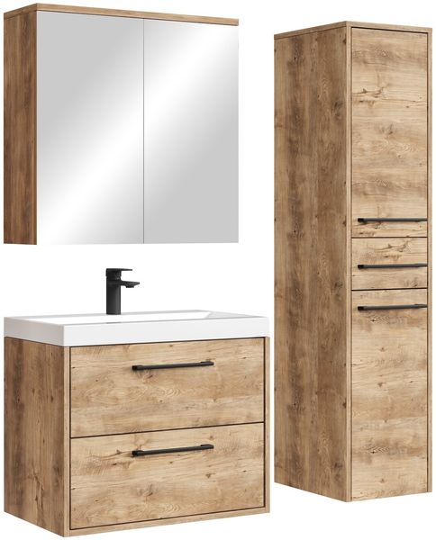 Badmöbel Komplettset Florence 60x35 cm Kastanie Eiche - Badezimmermöbel mit Waschbecken, Spiegel und Badezimmerschrank