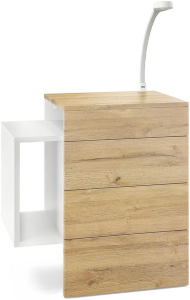 Vladon Nachttisch Queens, Nachttischschrank mit 2 Schubladen und 1 seitlichem Fach zur Wandmontage, Weiß matt/Eiche Natur, inkl. LED Flexi Lampe weiß (60 x 63 x 36 cm)