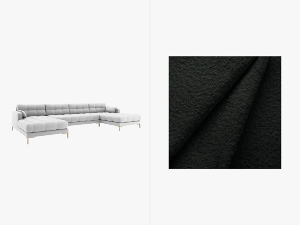 Micadoni Panorama-Sofa Mamaia 6-Sitzer Boucle Baloo Schwarz goldene Beine