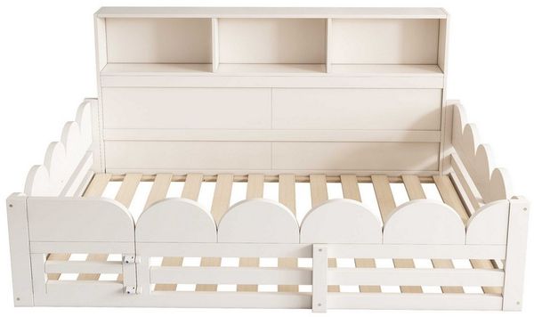 BlingBin Kinderbett Bodenbett Holzbett (Massivholz-Kinderbett mit Geländer, 1-tlg, 140 x 200 cm mit Rausfallschutz, Tür und Lattenrost), sicheres Spiel- und Schlafbett für Kinder, ohne Matratze