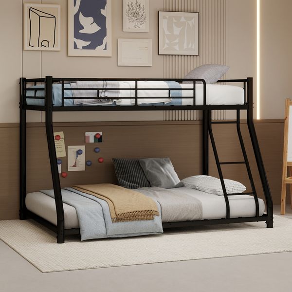 Flieks Etagenbett Metallbett, 90x190cm+140x190cm, Jugendbett, Gästebett mit Schrägleiter und Geländer, lärmfrei, Schwarz
