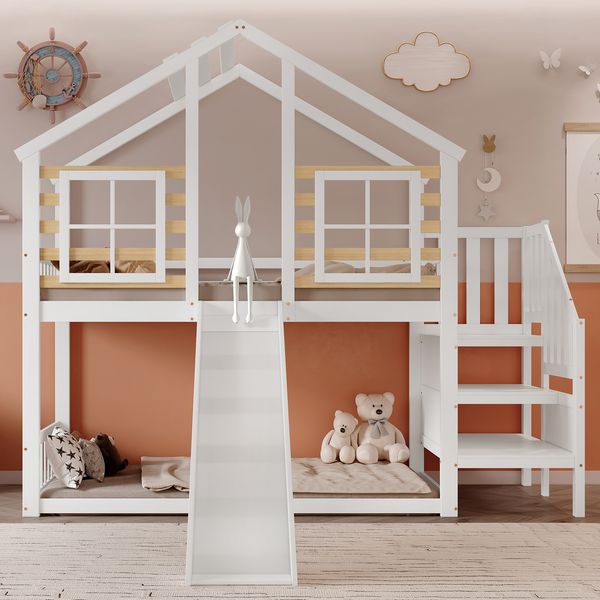 Etagenbett Liegefläche 90x200 cm aus Holzmaterial und MDF mit Treppe, Rutsche, Fenster und Rausfallschutz, Weiß-Natur