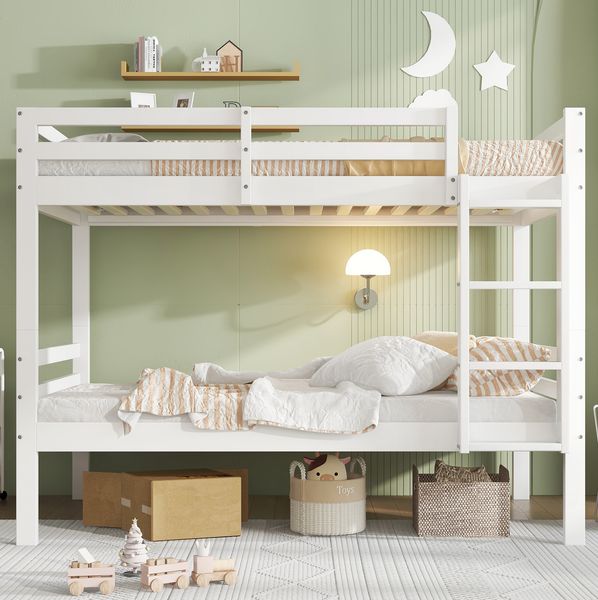 Bett 90x200 cm Etagenbett teilbar mit Leiter und Absturzsicherung – weißes Kiefernholz, platzsparend für Kinder