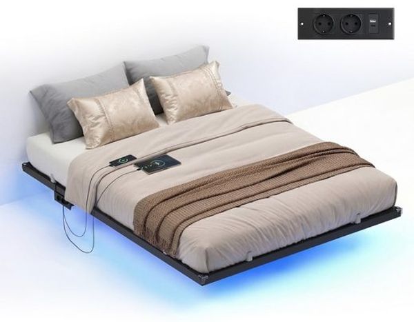 VASAGLE Bettgestell 140 x 200 cm mit LED-Beleuchtung, USB-C-Anschluss, Steckdosenleiste, Schlafzimmer, trägt bis 500 kg, schwarz