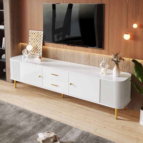 TV-Schrank Weiß mit Goldgriffen 170 x 34 x 45 cm Moderner Lowboard TV-Möbe,mit 2 Türen und 2 Schubladen