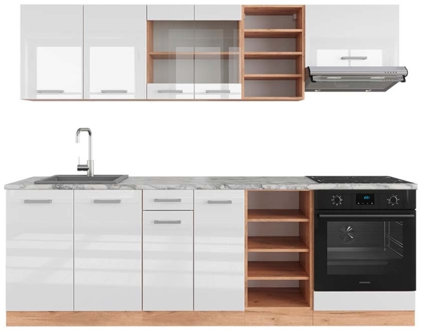 Küchenzeile R-Line Weiß Hochglanz/Goldkraft Eiche 240 cm , AP Marmor Vicco