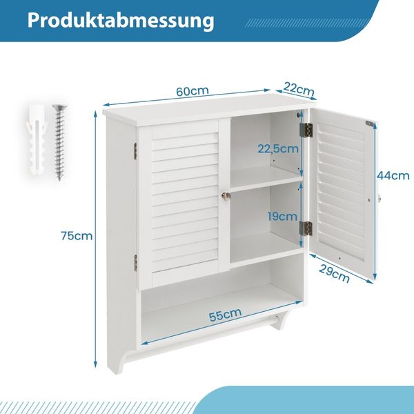 Wandschrank Hängender Medizinschrank mit 2 Lamellentüren 58 x 22 x 75 cm Weiß