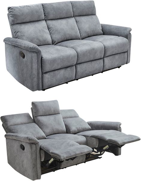 3-Sitzer-Relaxsofa Couch Liegefunktion Federkernpolsterung Velours Vintage Grau