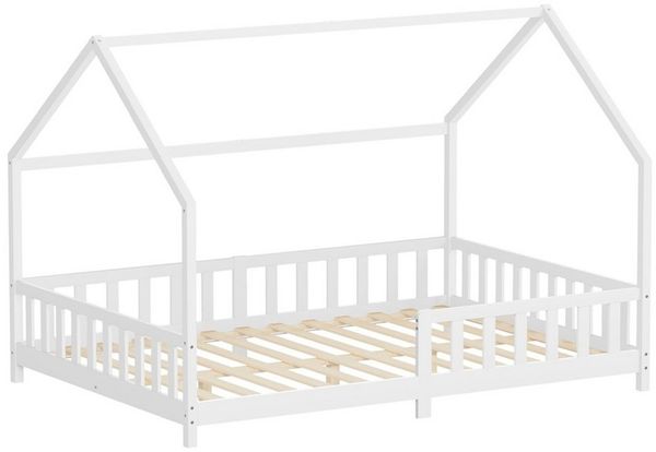ML-DESIGN Spielbett Hausbett Kinderbett inkl. Lattenrost kreativ Bodenbett für Kinder, Abenteuerbett zum Spielen mit Rausfallschutz Kiefer Weiß Himmelbett