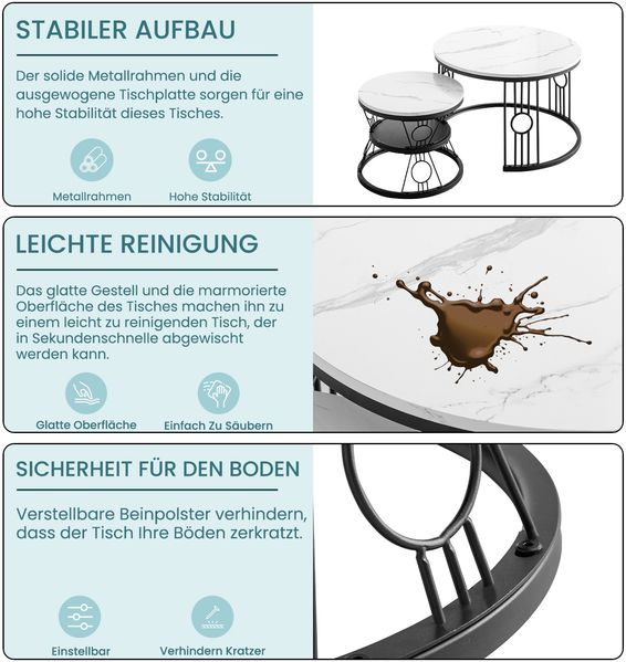 MODFU Couchtisch-Set 2-teilig, stapelbar, MDF mit schwarzem Stahlgestell, Weiß, 70 x 70 x 45/45 x 45 x 36 cm Bild 7