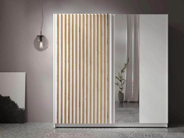 Home affaire Kleiderschrank Kleiderschrank Camden mit Spiegel, 4 Einlegeböden und Kleiderstange Garderobe mit 2 Schwebetüren und Lamellen, BxHxT 200,2x198,5x61,6 cm