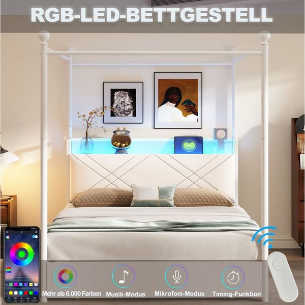 Flieks Himmelbett, Hydraulisches Stauraumbett Metallbett 140x190cm mit LED und USB/Typ-C