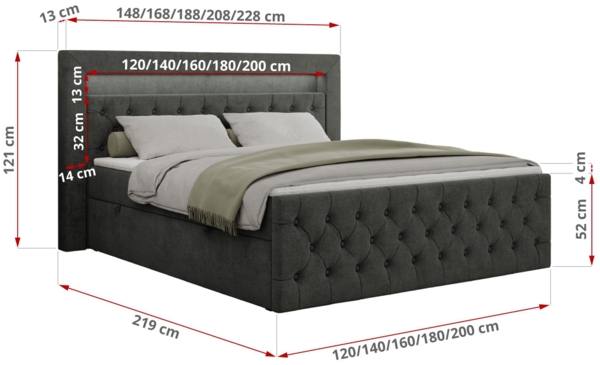 Mks Möbel 'Gold-9' Boxspringbett mit Bettkasten und LED-Beleuchtung, 180x200 cm, Dunkelgrau, Stoff, Hart (H4) Bild 5