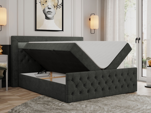 Mks Möbel 'Gold-9' Boxspringbett mit Bettkasten und LED-Beleuchtung, 180x200 cm, Dunkelgrau, Stoff, Hart (H4) Bild 2