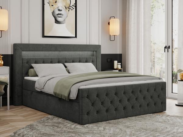 Mks Möbel 'Gold-9' Boxspringbett mit Bettkasten und LED-Beleuchtung, 180 x 200 cm, Dunkelgrau, Stoff, Hart (H4)