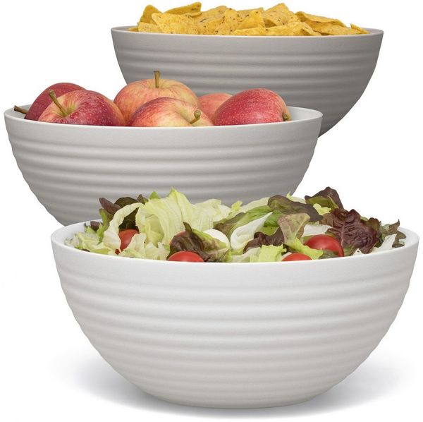 Hausfelder Servierschüssel Salatschüssel Set Schüsseln für Salat, Chips, Obst in Beige, Kunststoff, (3er Set, 3-tlg), spülmaschinengeeignet, BPA-frei, bruchfest, Wellen-Design