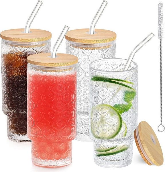 Anhow Cocktailglas 4er Cocktailgläser 350ml mit Deckel & Glasstrohhalm – stapelbar, Glas, Stapelbare Cocktailgläser mit Deckel & Strohhalm aus Glas