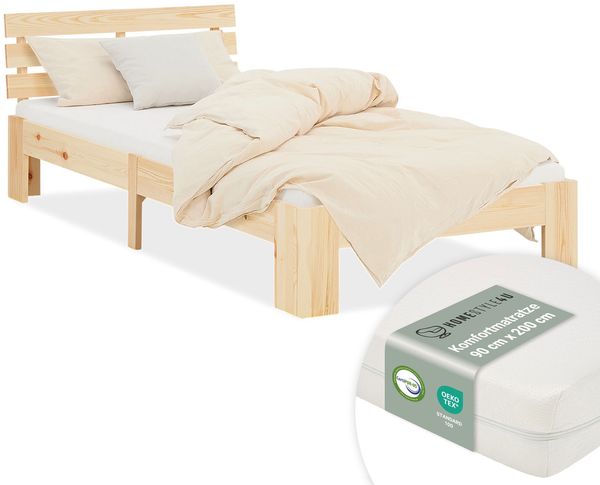 Holzbett Jugendbett Einzelbett 90x200 Bett mit Matratze und Lattenrost Holzbettrahmen Natur Massiv Holz