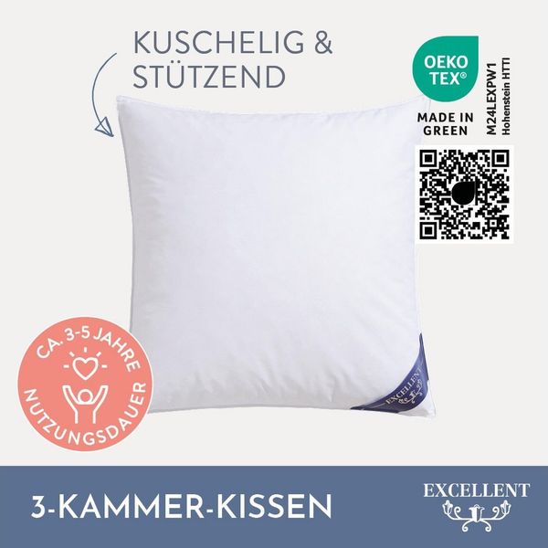 Excellent 3-Kammer-Kopfkissen Kissen 40x80 & 80x80 cm und im Spar Set!, Füllung: 100% Daunen (Außenkammer), Bezug: 100% Baumwolle, Bauchschläfer, Rückenschläfer, Seitenschläfer, Kissen 40x80 & 80x80 cm, Allergiker geeignet (für Hausstauballergiker)