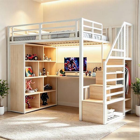 Metall-Hochbett, 90 x 200 cm, mit Kleiderschrank und Staufächern, Trittleiter, Schreibtisch mit Steckdosen nach europäischer Norm, Lochblech und LED-Lichtleiste, Großem Stauschrank,Einzelbett, Weiß