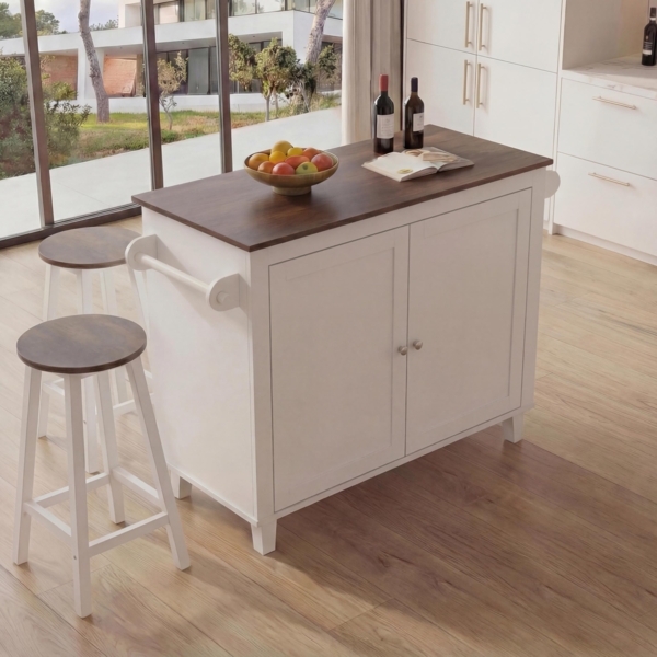 Kücheninsel HWC-P61 mit 2 Sitzhockern, Küchenschrank Schublade Staufächer MDF 90 x 120 x 45 cm ~ weiß, dunkles Holz