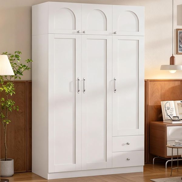 Kleiderschrank mit 6 Türen 2 Schubladen, Kleiderschrank mit Kleiderstange und Ablagefach, Drehtürenschrank für das Schlafzimmer, für Gästezimmer, Weiß