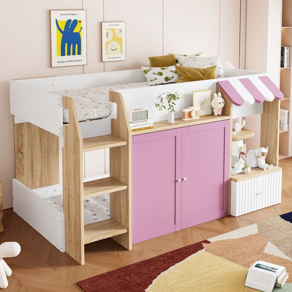 Kinderbett Hausbett, mit offenem Stauraum mit Kletterleiter Halbhohes Kinderhochbett Massivholz-Kinderetagenbett ohne Matratze, Weiß+Rosa+Holzfarbe, 90x200
