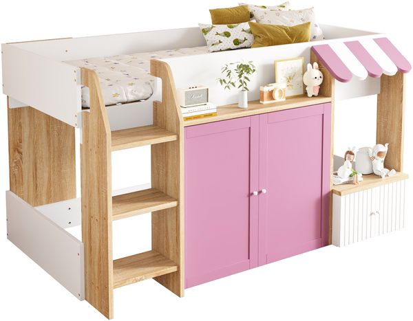 Kinderbett Hausbett, mit offenem Stauraum mit Kletterleiter Halbhohes Kinderhochbett Massivholz-Kinderetagenbett ohne Matratze, Weiß+Rosa+Holzfarbe, 90x200 Bild 6