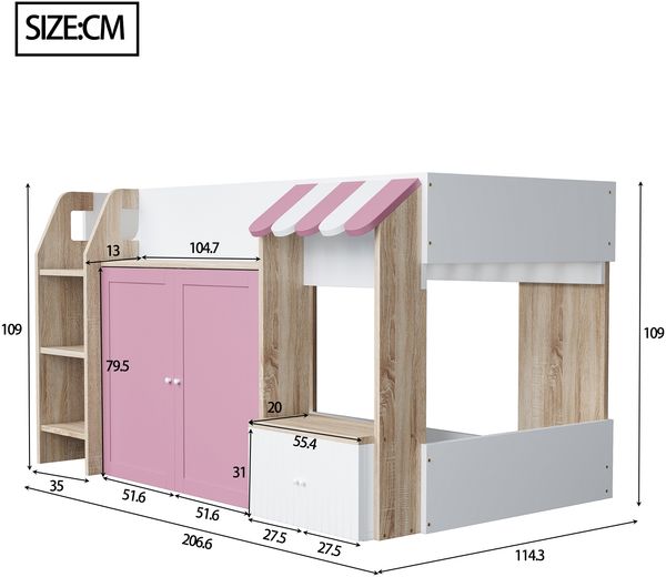Kinderbett Hausbett, mit offenem Stauraum mit Kletterleiter Halbhohes Kinderhochbett Massivholz-Kinderetagenbett ohne Matratze, Weiß+Rosa+Holzfarbe, 90x200 Bild 5
